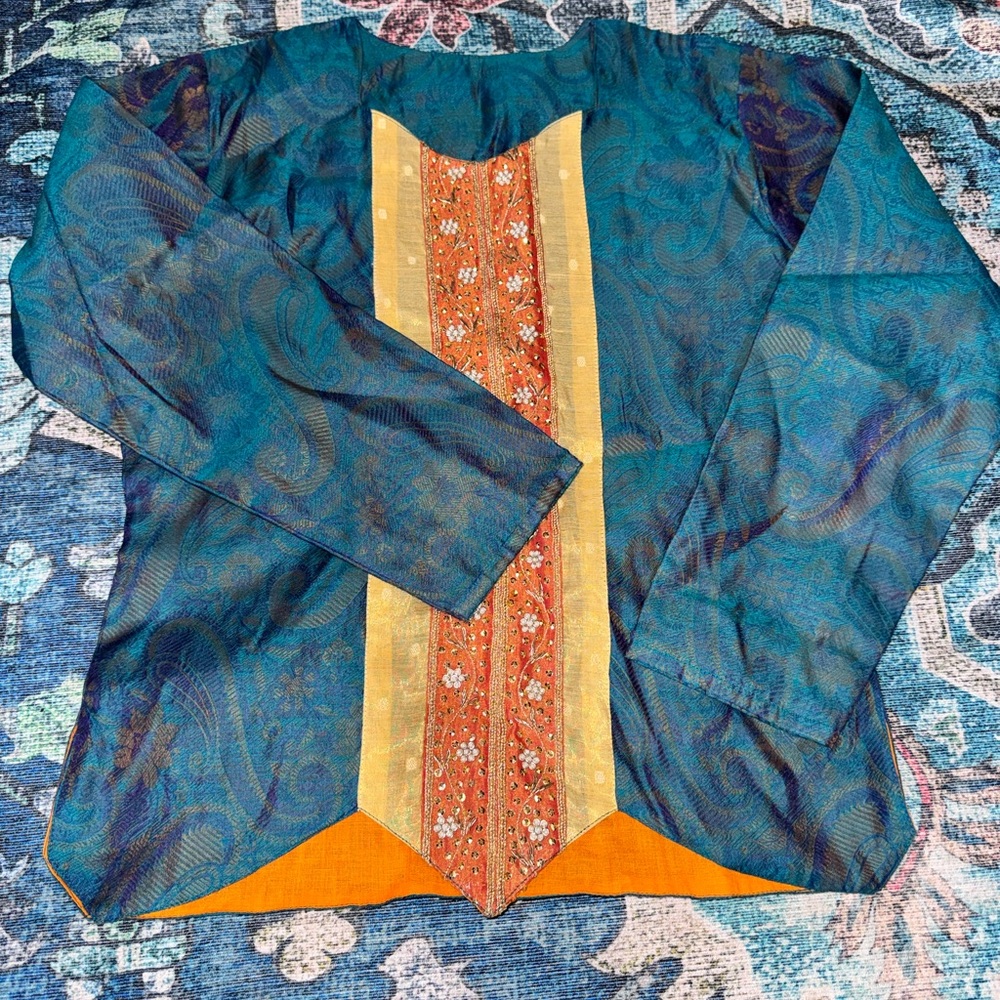 Kurta Standalone - Teal and Purple Iridescent Material with Gold Paisley Pattern